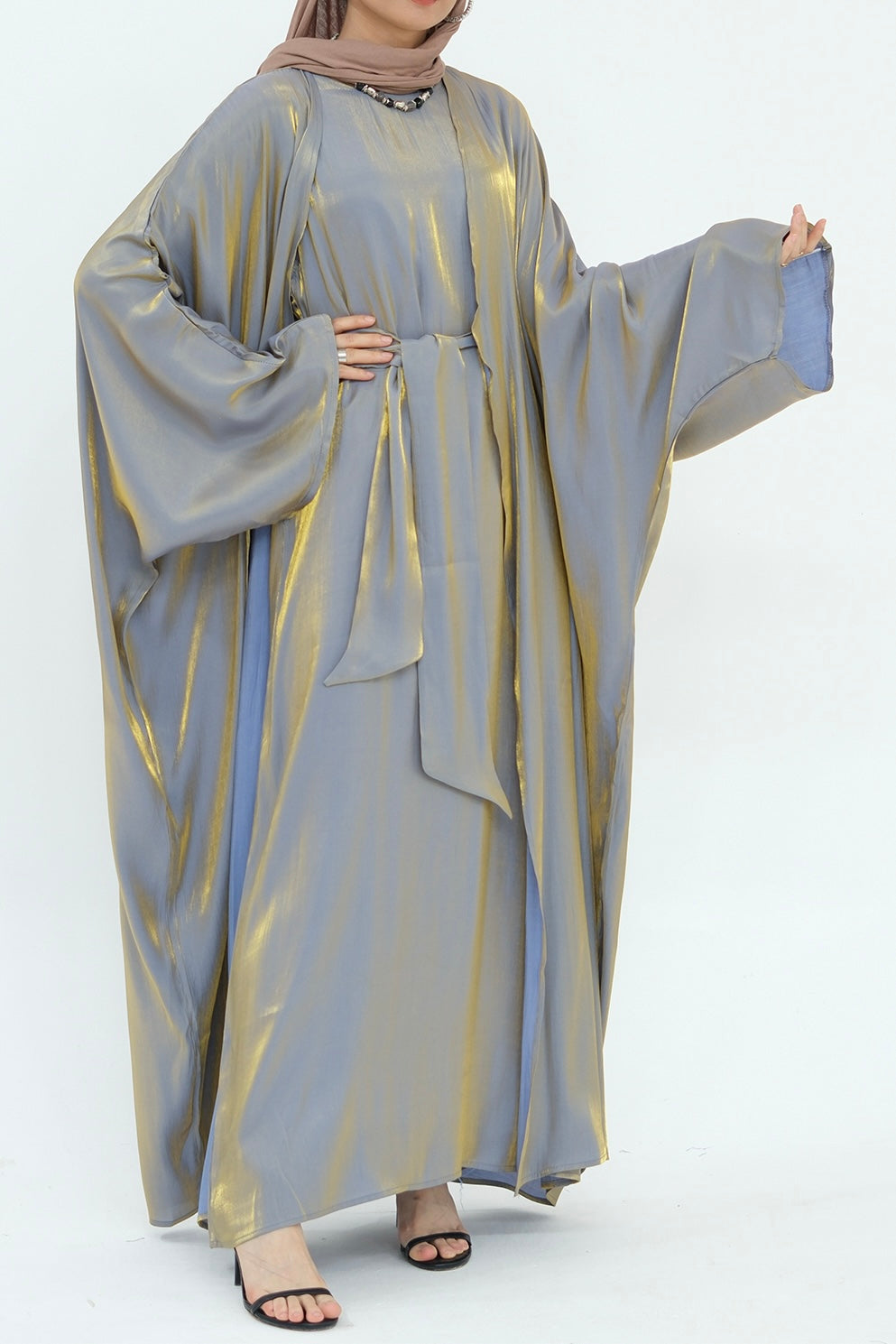 Sania Metallic Shimmer Modest Abaya Set 808 - Gray