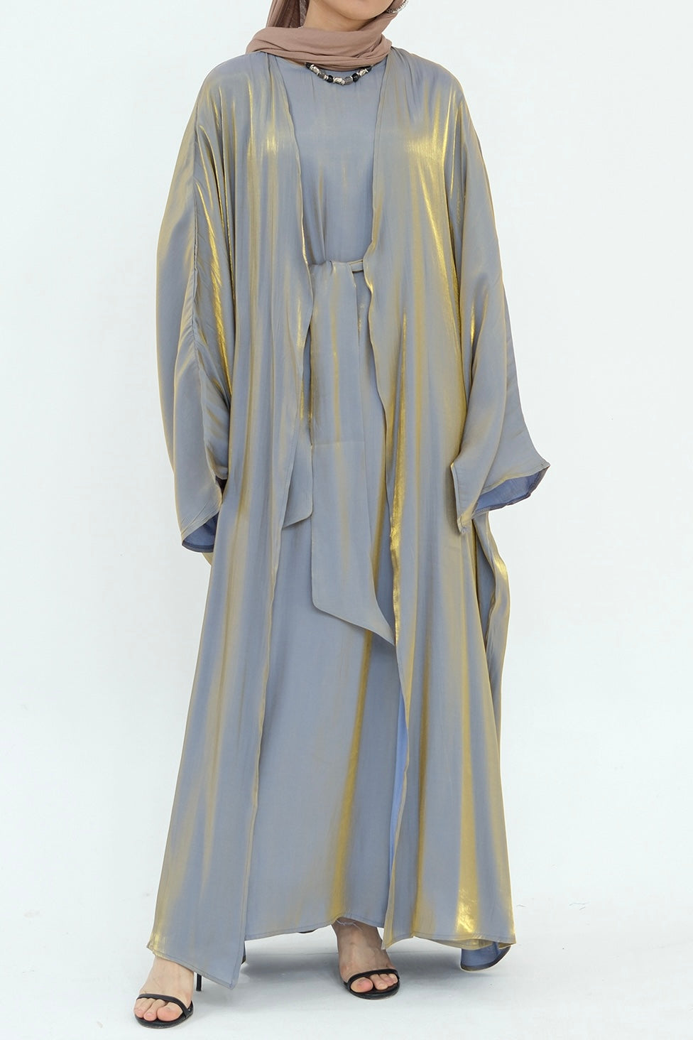 Sania Metallic Shimmer Modest Abaya Set 808 - Gray