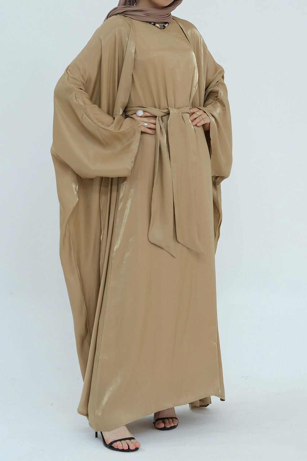 Sania Metallic Shimmer Modest Abaya Set 808 - Khaki