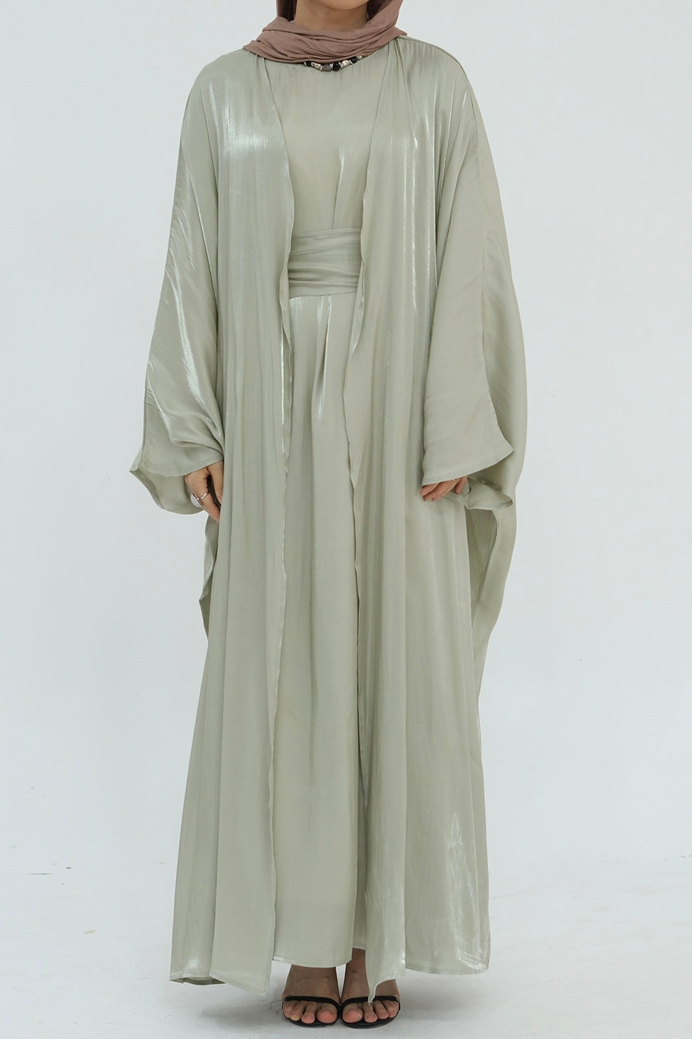 Sania Metallic Shimmer Modest Abaya Set 808 - Light Green