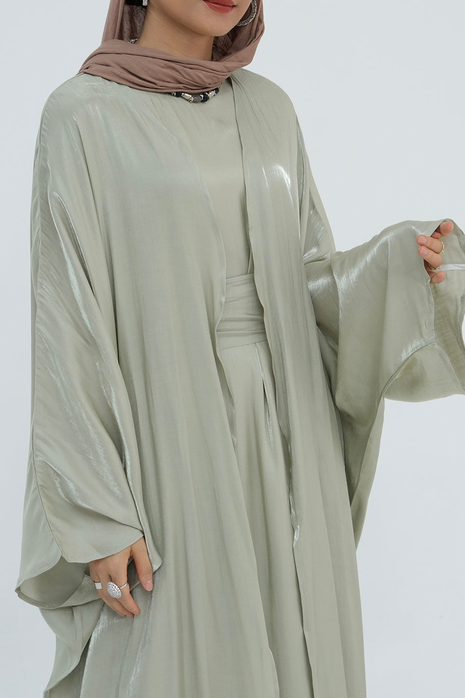 Sania Metallic Shimmer Modest Abaya Set 808 - Light Green