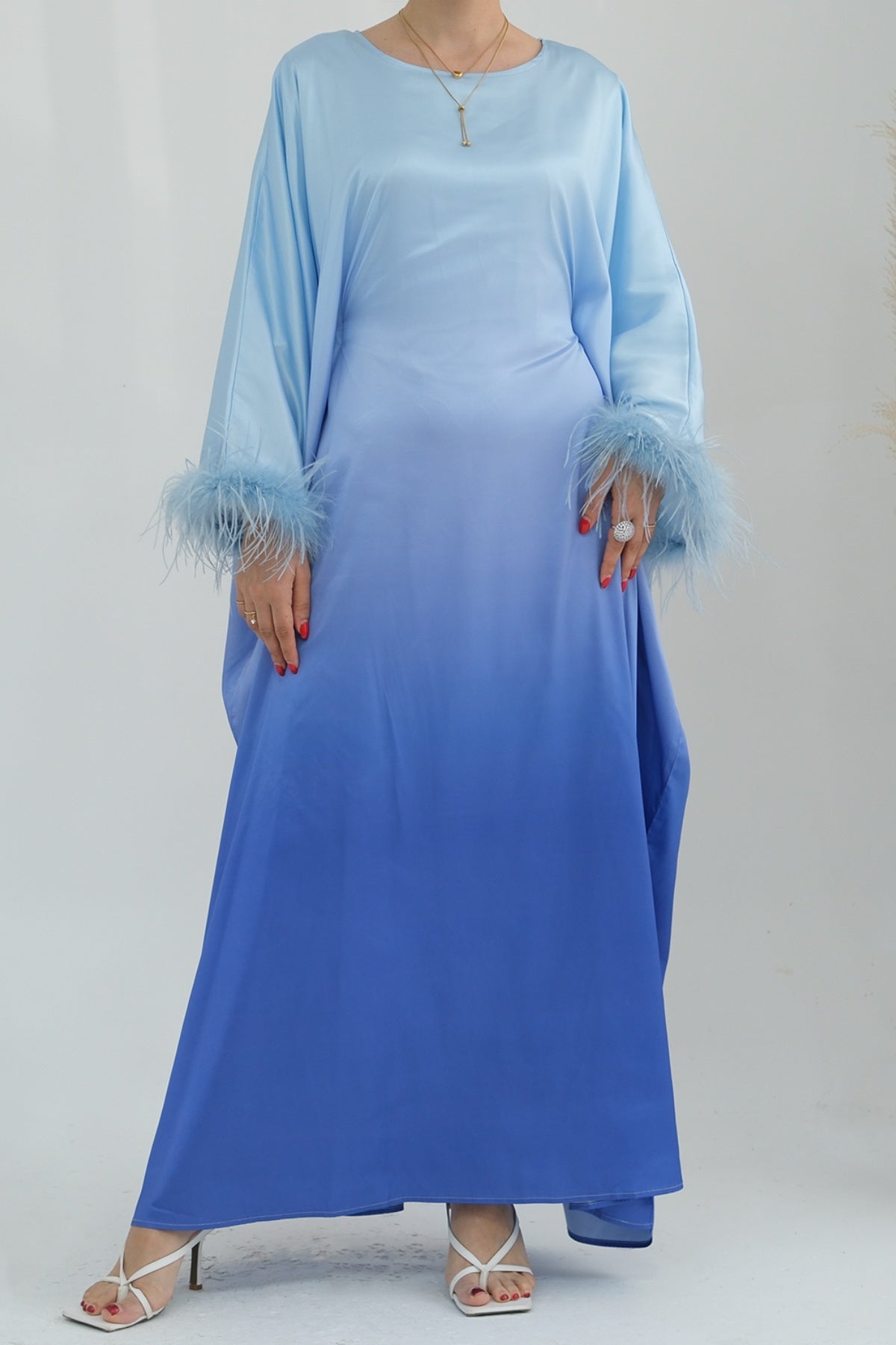 HANAN Feather-Embellished Gradient Kaftan Batwing Abaya 812-Blue