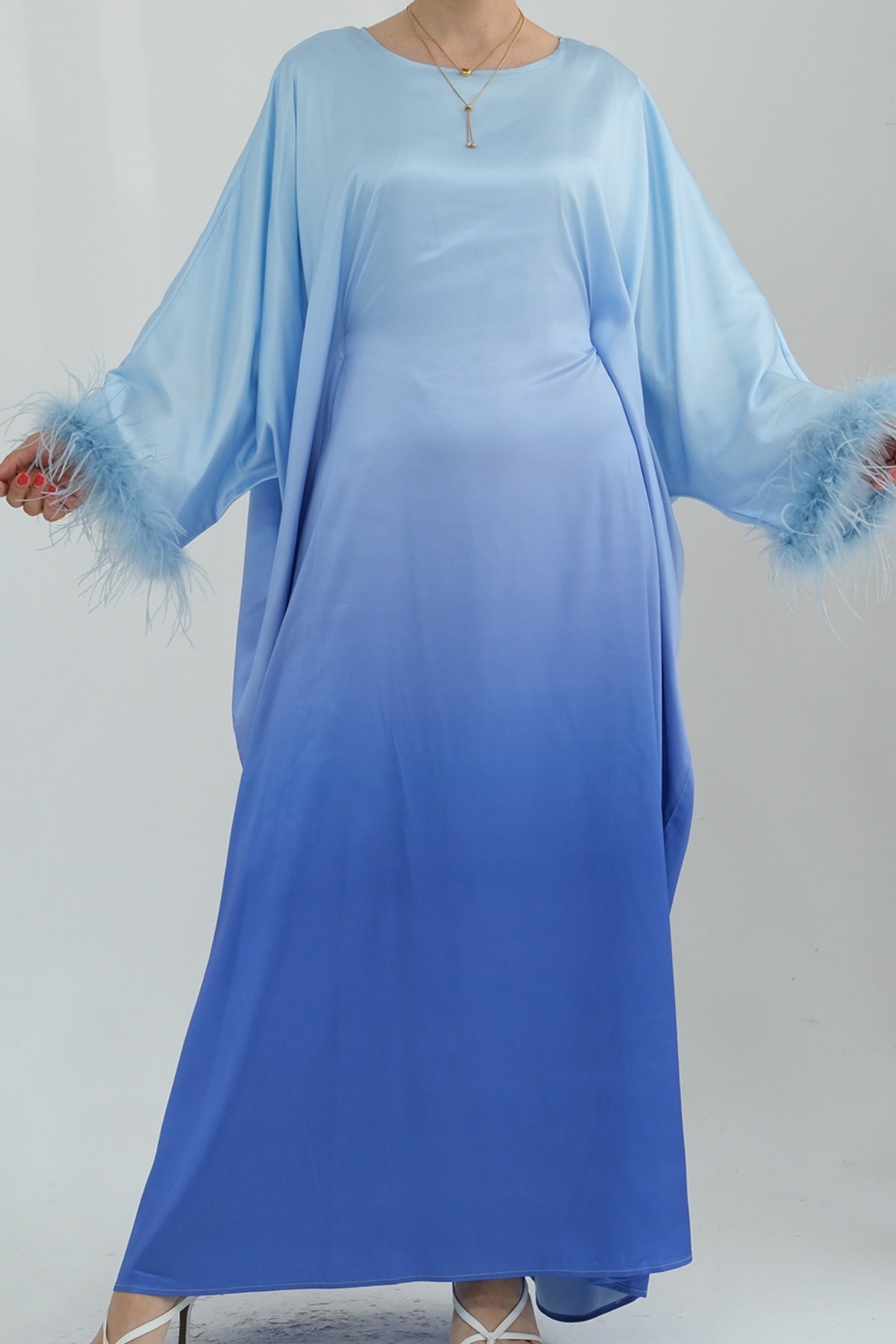 HANAN Feather-Embellished Gradient Kaftan Batwing Abaya 812-Blue