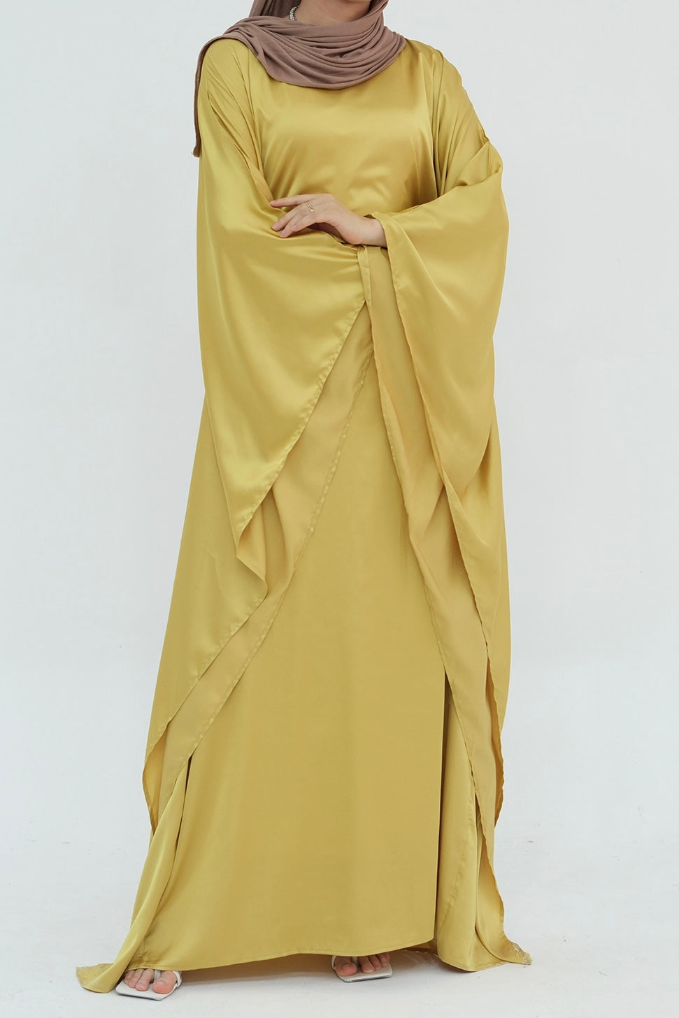 Isra Satin Batwing Butterfly Sleeves Kaftan Maxi Dress Abaya 816-Lemon