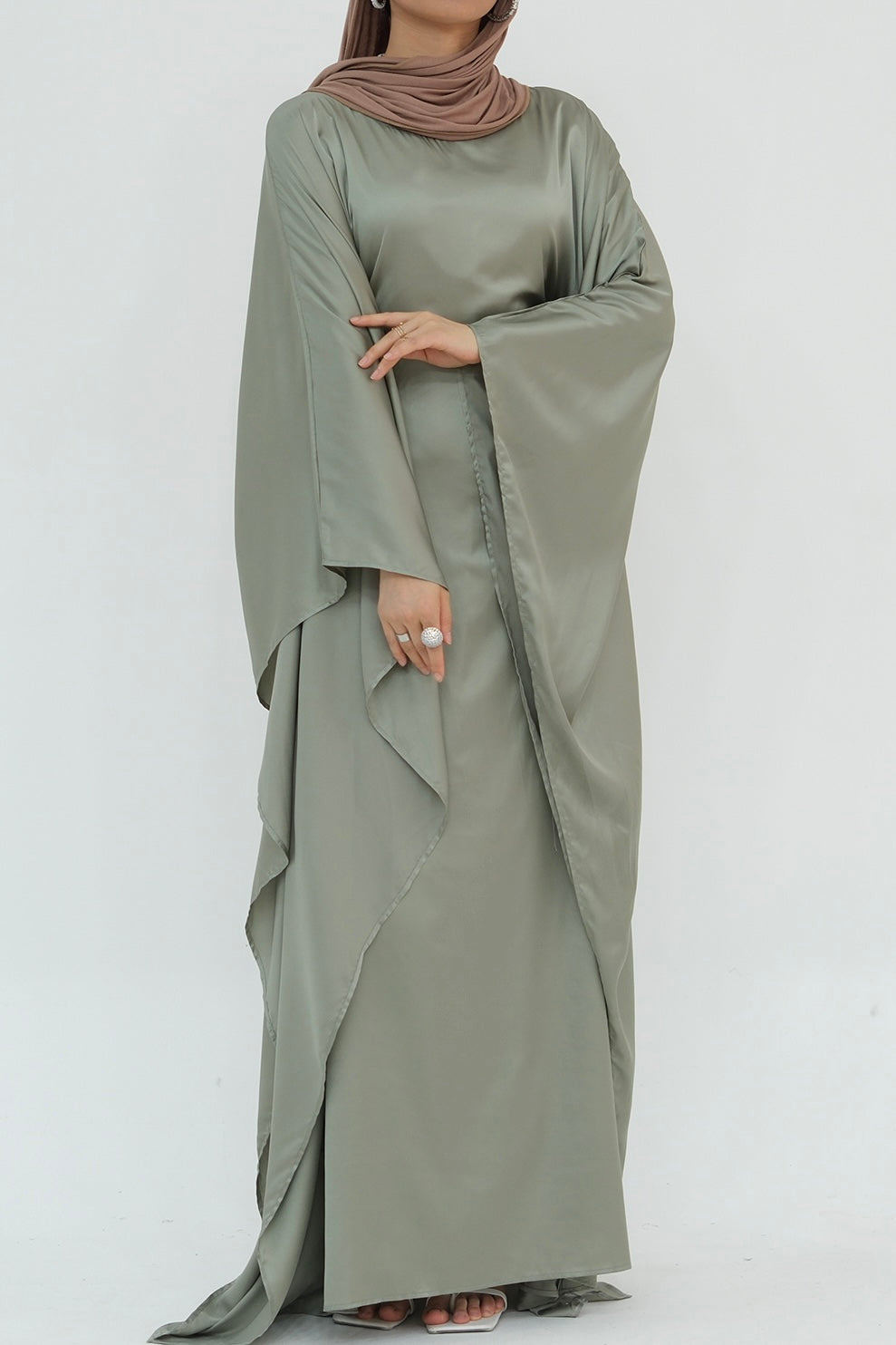 Isra Satin Batwing Butterfly Sleeves Kaftan Maxi Dress Abaya 816 -Sage Green