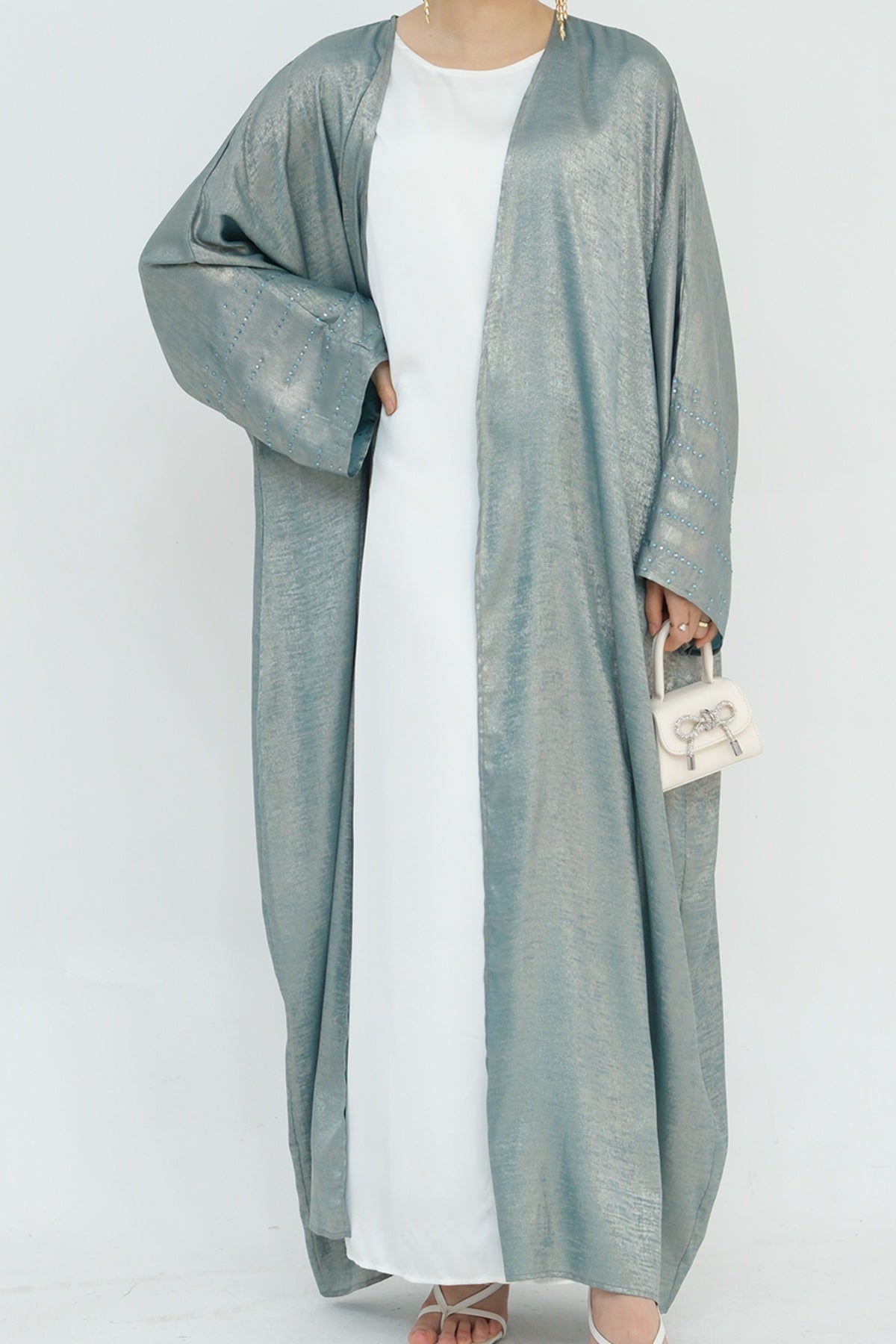 Nadia Metallic Cuff Embellished Open Abaya 817 - Light Green