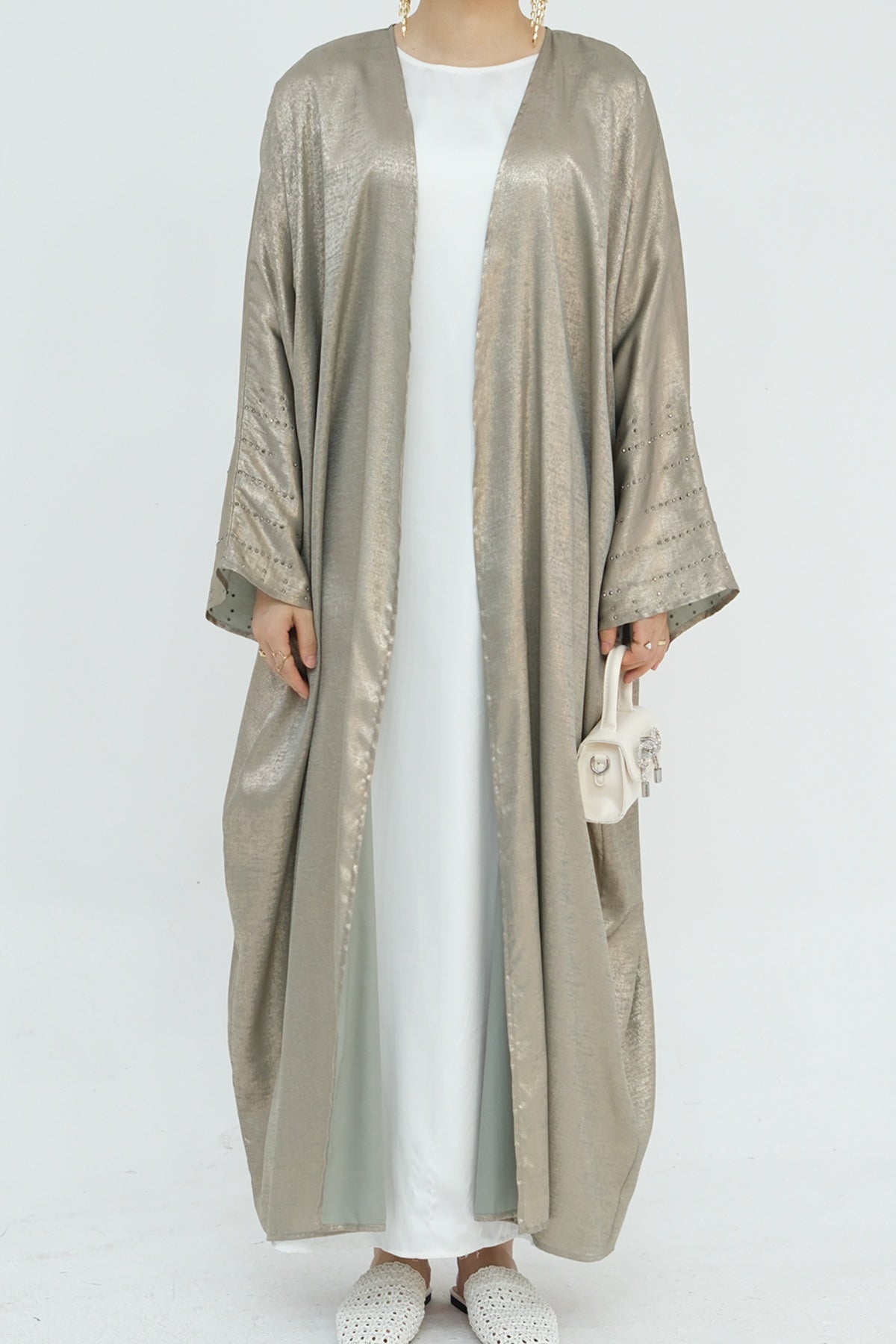 Nadia Metallic Cuff Embellished Open Abaya 817 - Army Green