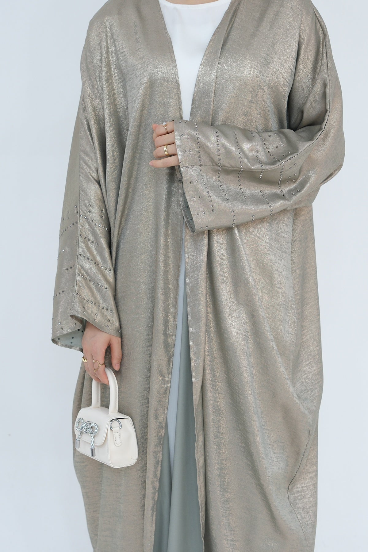 Nadia Metallic Cuff Embellished Open Abaya 817 - Army Green