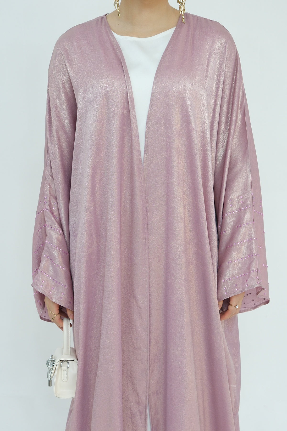 Nadia Metallic Cuff Embellished Open Abaya 817 - Pink