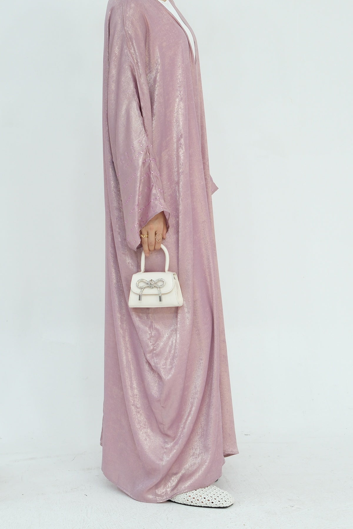 Nadia Metallic Cuff Embellished Open Abaya 817 - Pink