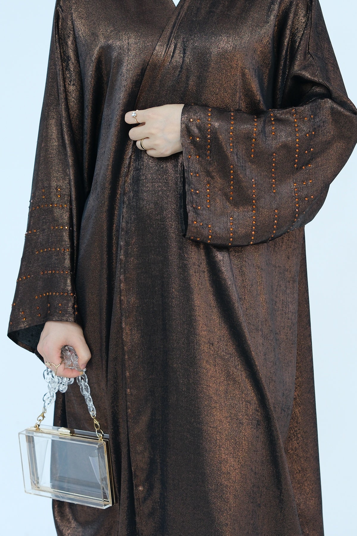 Nadia Metallic Cuff Embellished Open Abaya 817 - Coffee