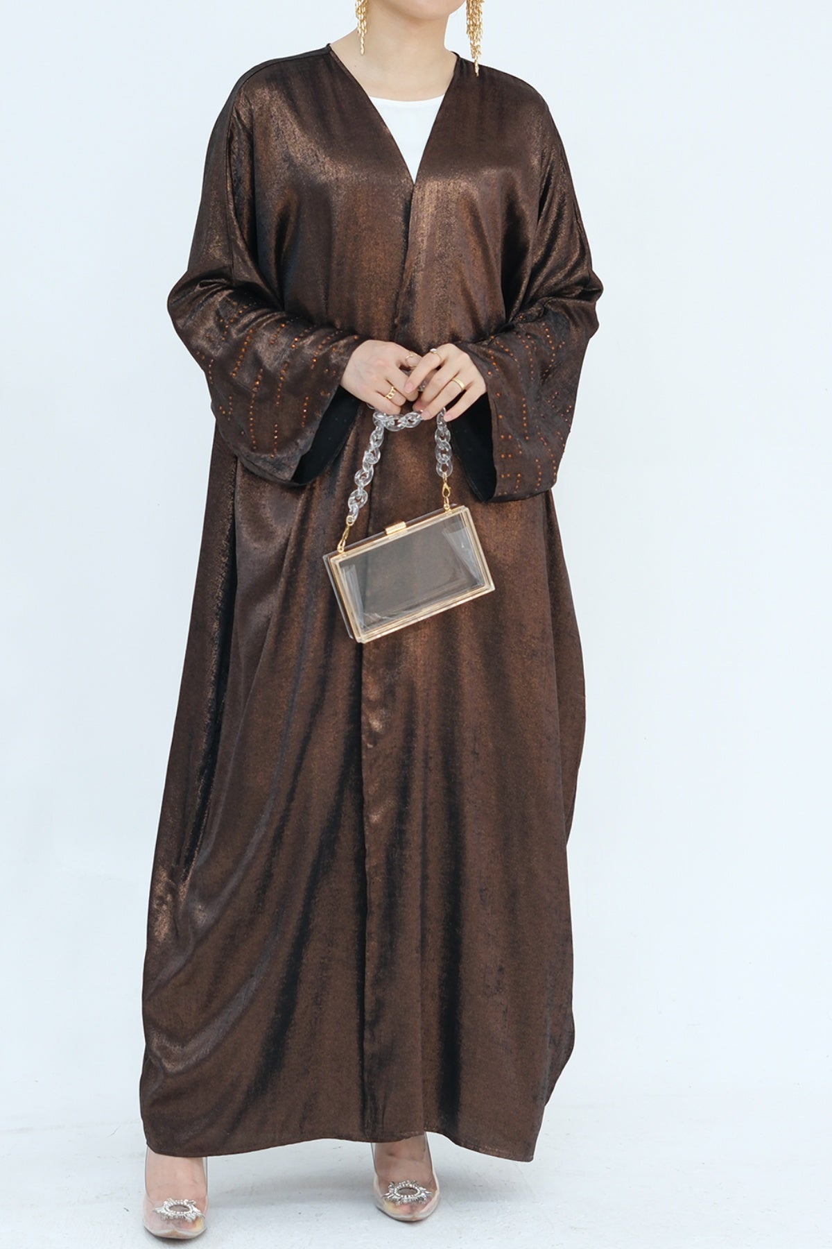 Nadia Metallic Cuff Embellished Open Abaya 817 - Coffee