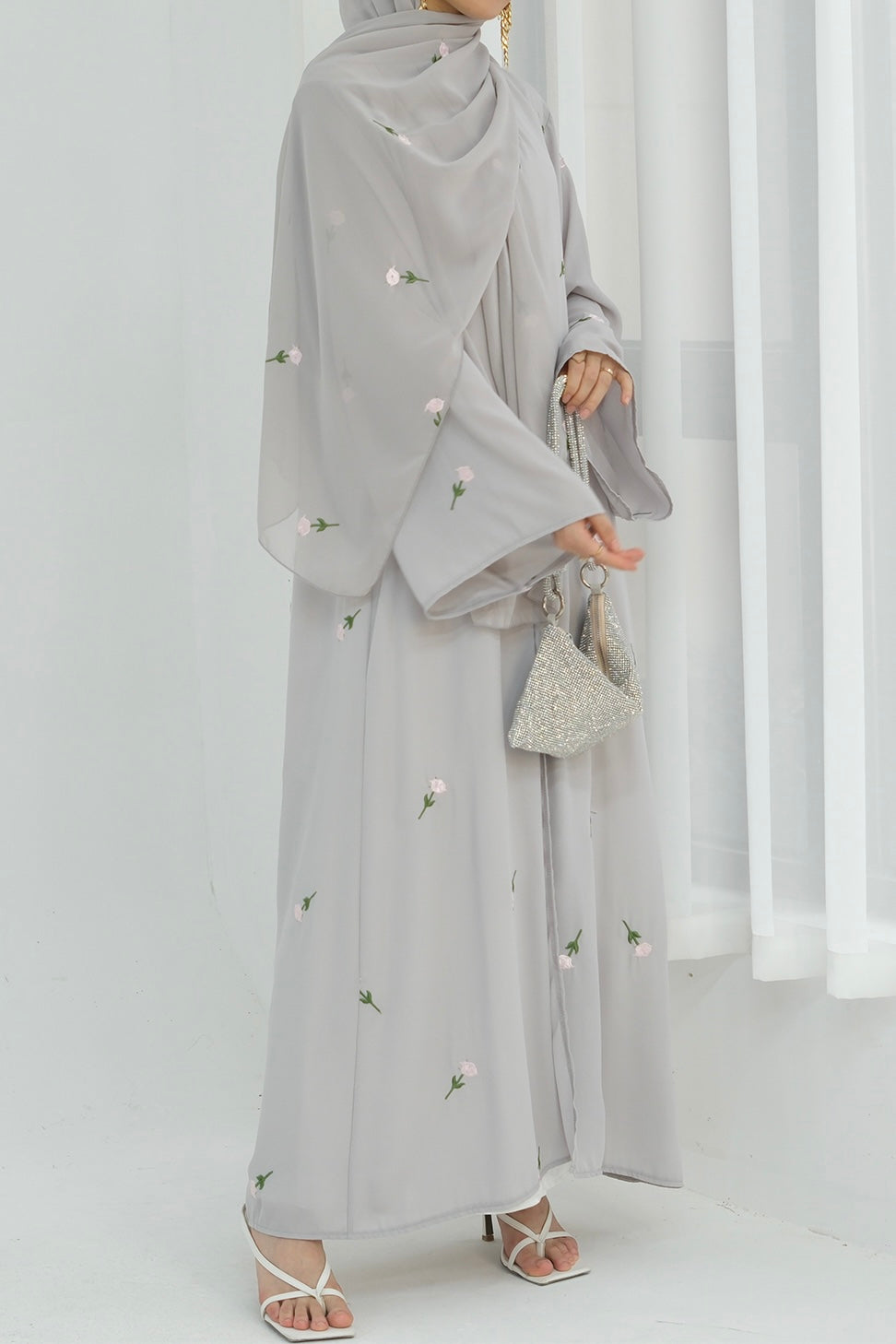 Serena Floral Embroidery Chiffon Open Abaya 818-Gray