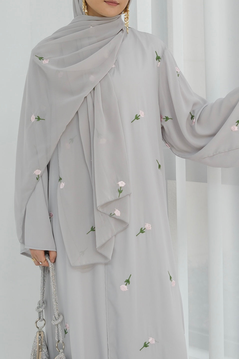 Serena Floral Embroidery Chiffon Open Abaya 818-Gray