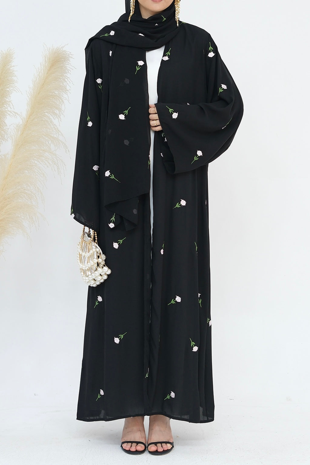 Serena Floral Embroidery Chiffon Open Abaya 818-Black