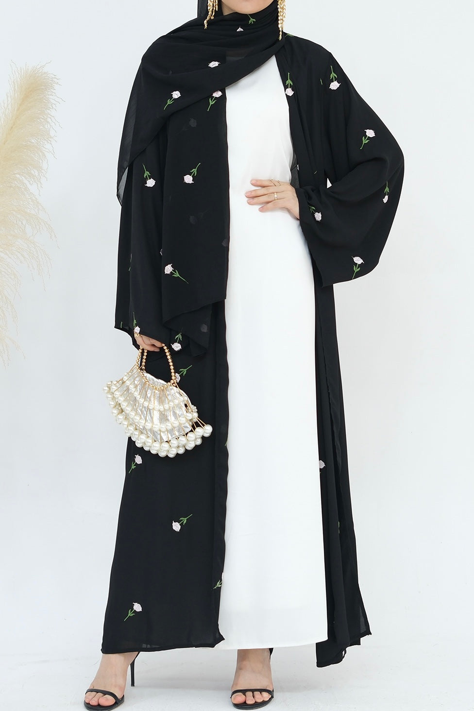 Serena Floral Embroidery Chiffon Open Abaya 818-Black