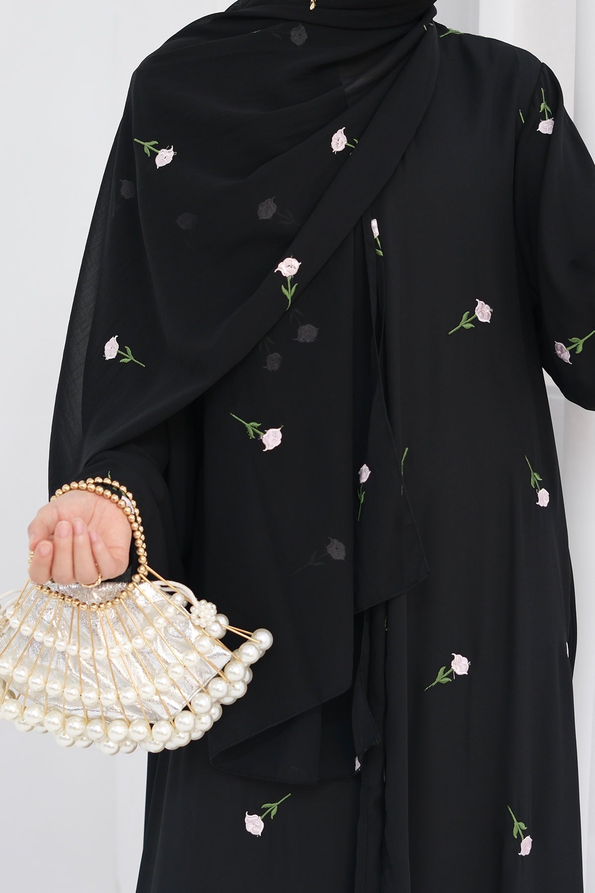 Serena Floral Embroidery Chiffon Open Abaya 818-Black