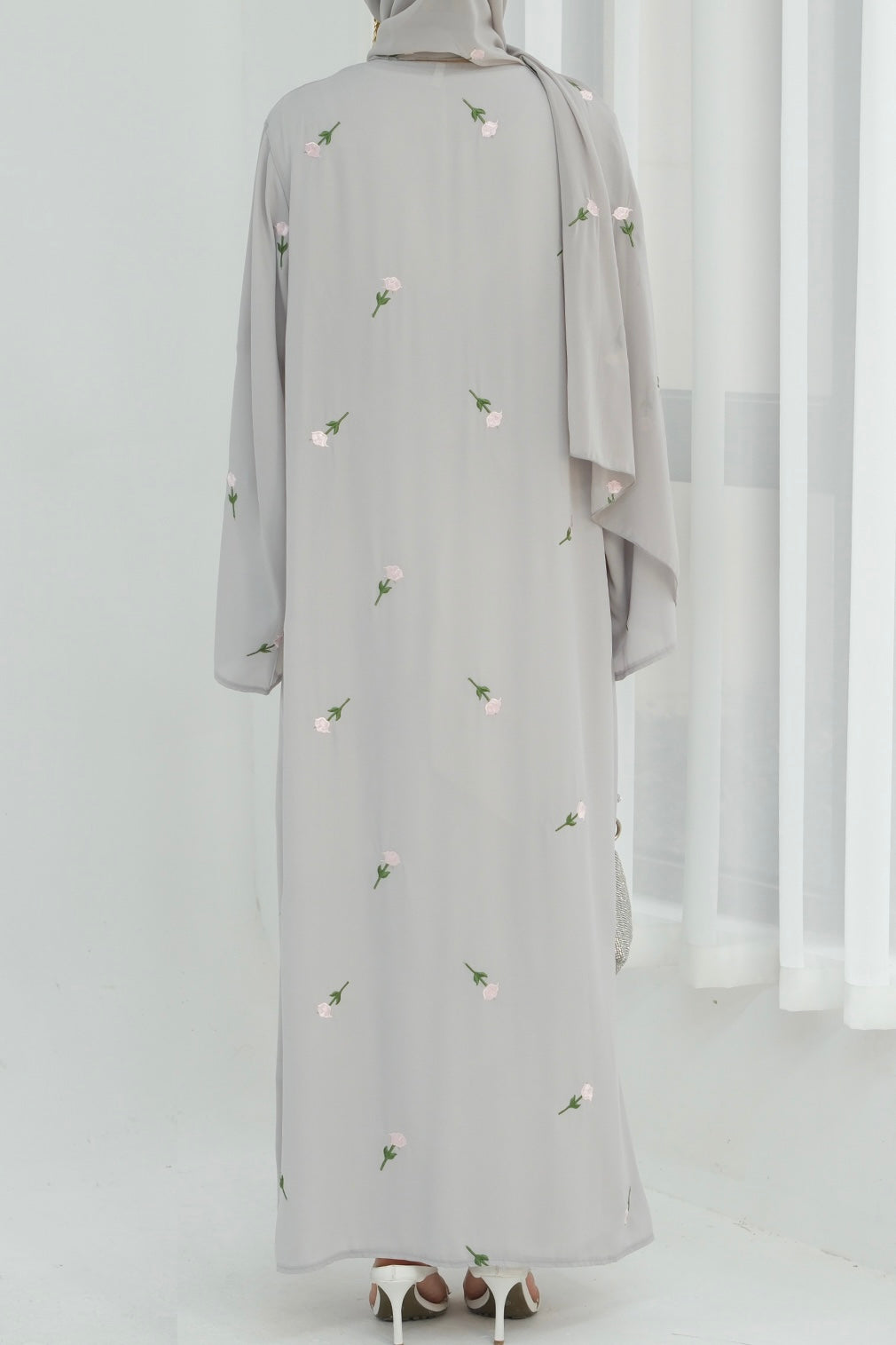 Serena Floral Embroidery Chiffon Open Abaya 818-Gray