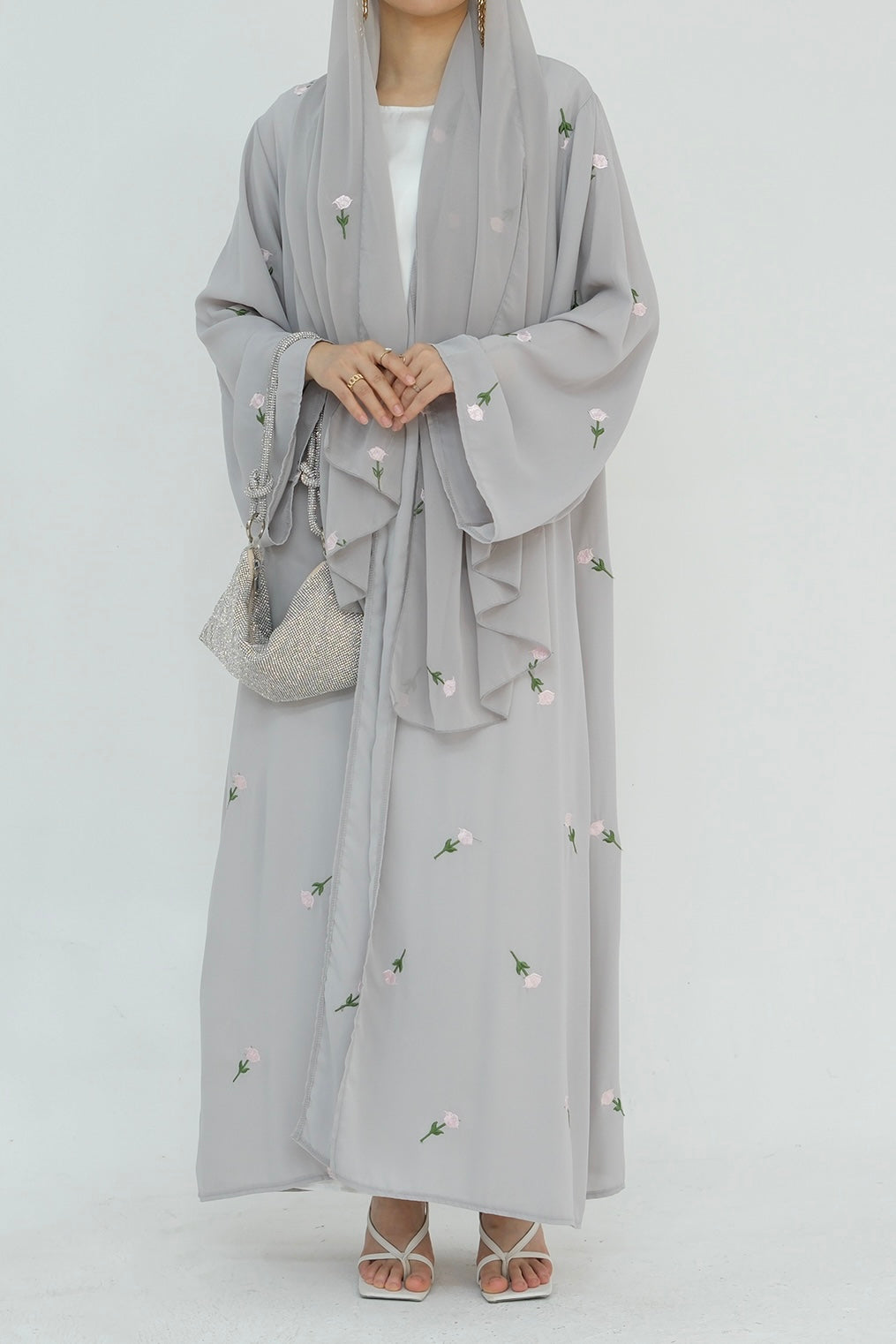 Serena Floral Embroidery Chiffon Open Abaya 818-Gray