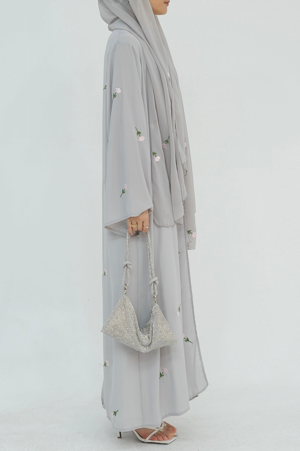 Serena Floral Embroidery Chiffon Open Abaya 818-Gray