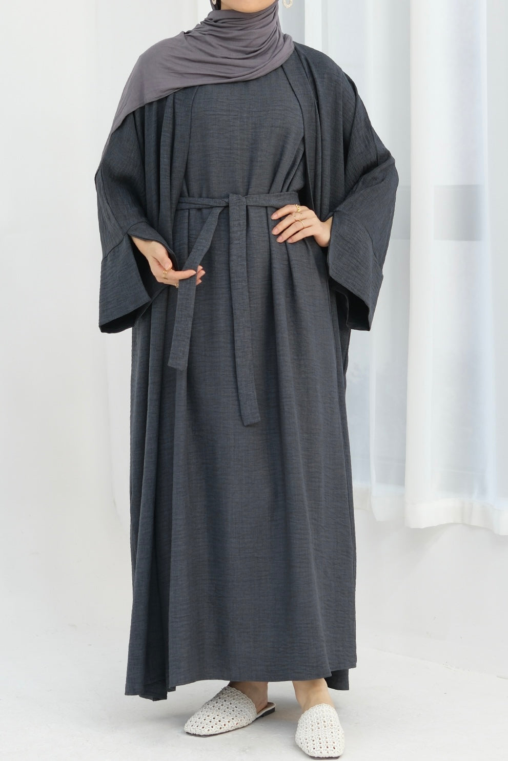 Najwa 2PCS Modest Abaya Set with belt 823 - Dark Gray