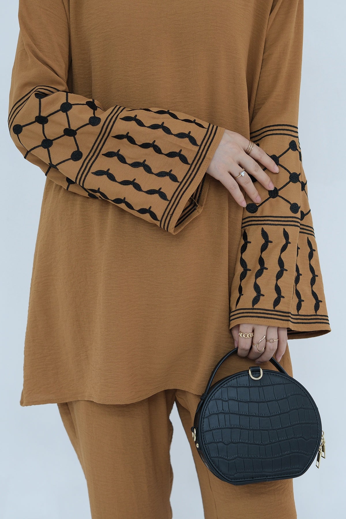 MALIKA Kuffiyeh Embroidered Cuff Top and Pants Abaya Set 836 - Coffee