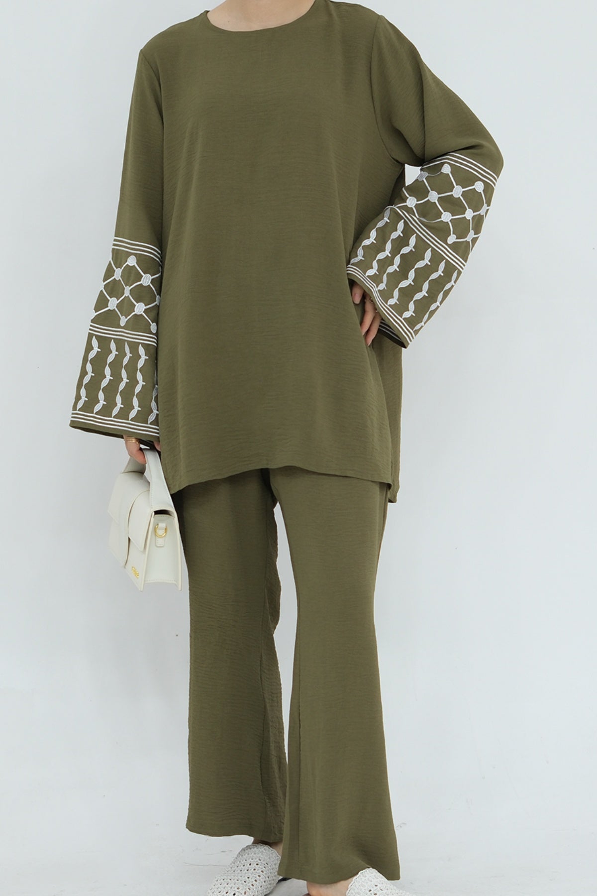 MALIKA Kuffiyeh Embroidered Cuff Top and Pants Abaya Set 836 - Army Green