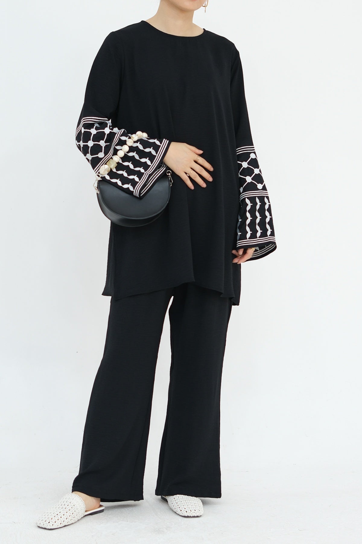 MALIKA Kuffiyeh Embroidered Cuff Top and Pants Abaya Set 836 - Black