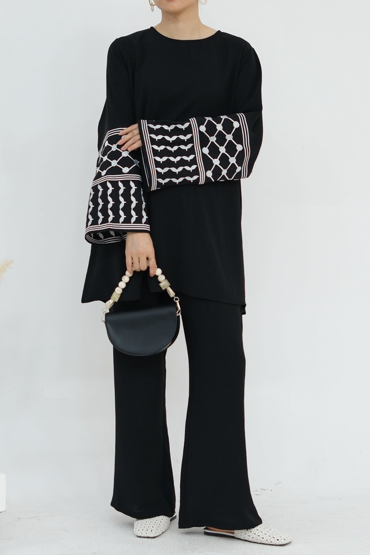 MALIKA Kuffiyeh Embroidered Cuff Top and Pants Abaya Set 836 - Black