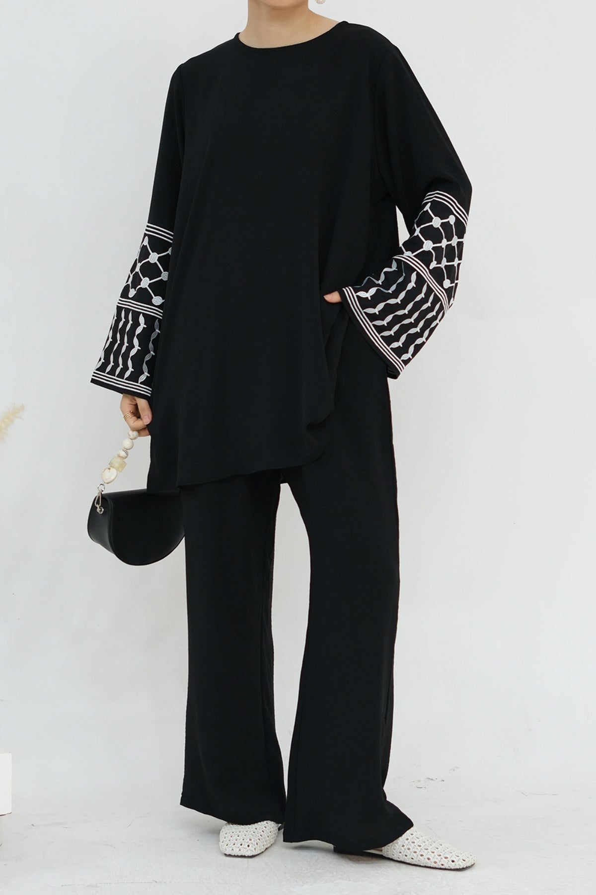 MALIKA Kuffiyeh Embroidered Cuff Top and Pants Abaya Set 836 - Black