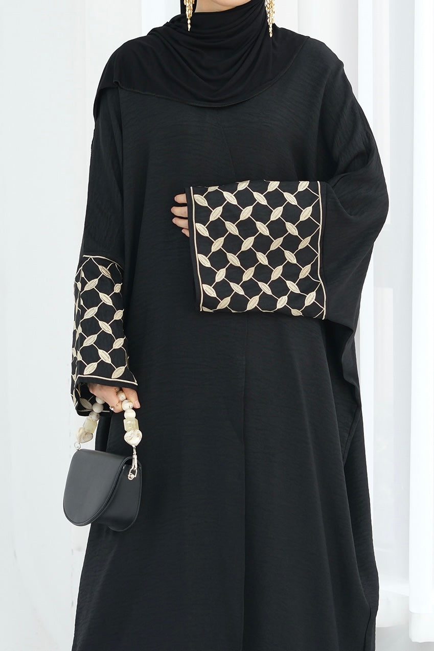 Alice Keffiyeh-Inspired Embroidery Open Abaya 837 -Black