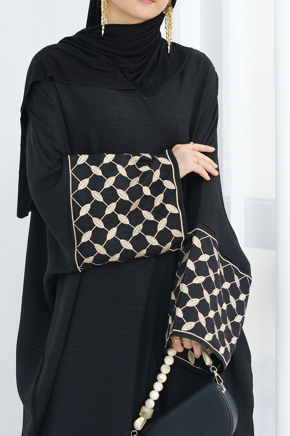 Alice Keffiyeh-Inspired Embroidery Open Abaya 837 -Black