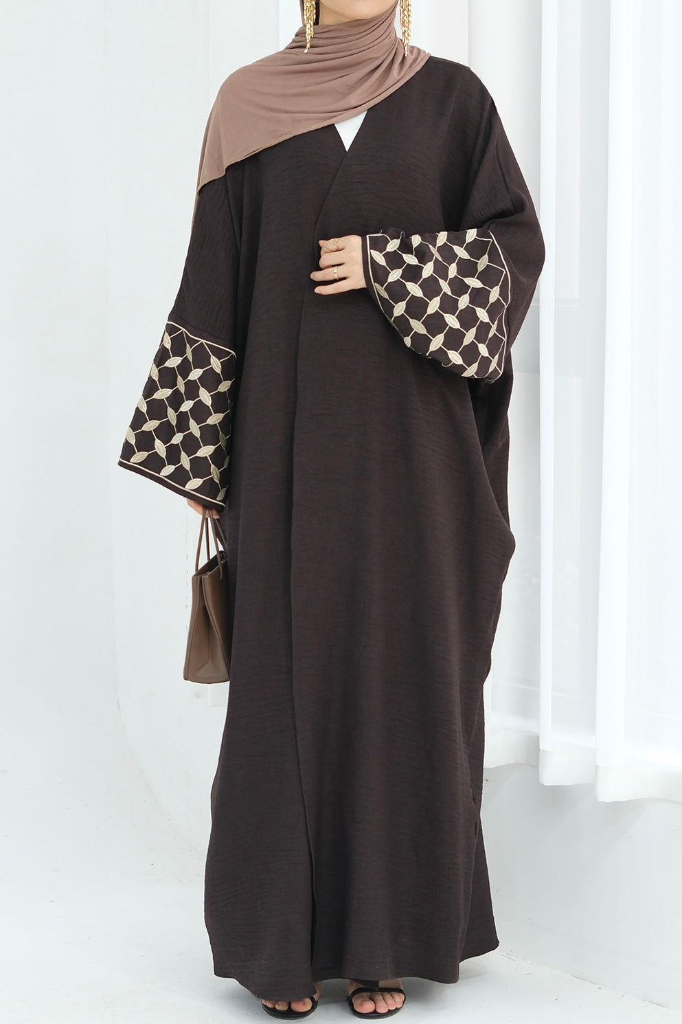 Alice Keffiyeh-Inspired Embroidery Open Abaya 837 -Coffee