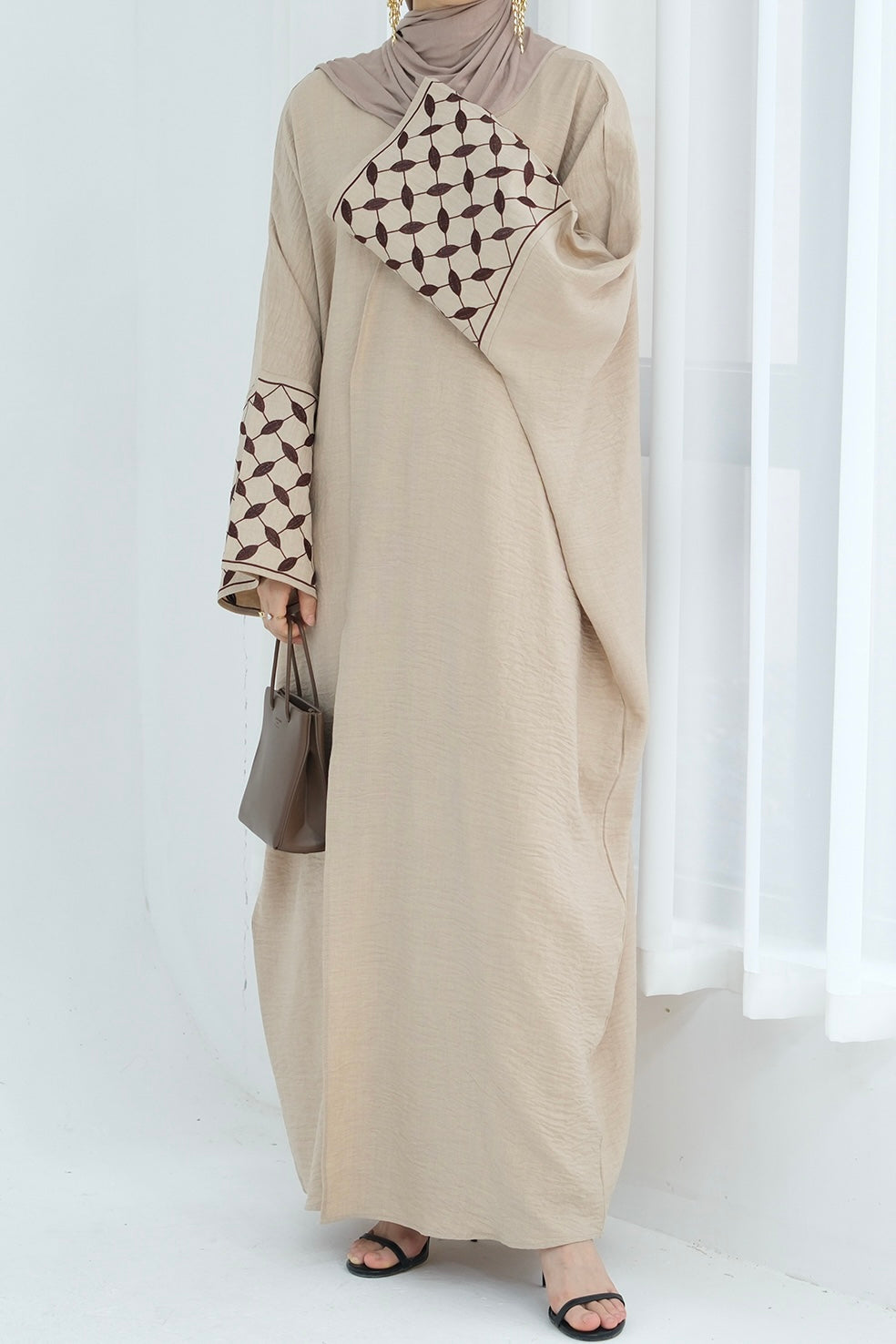 Alice Keffiyeh-Inspired Embroidery Open Abaya 837 -Beige