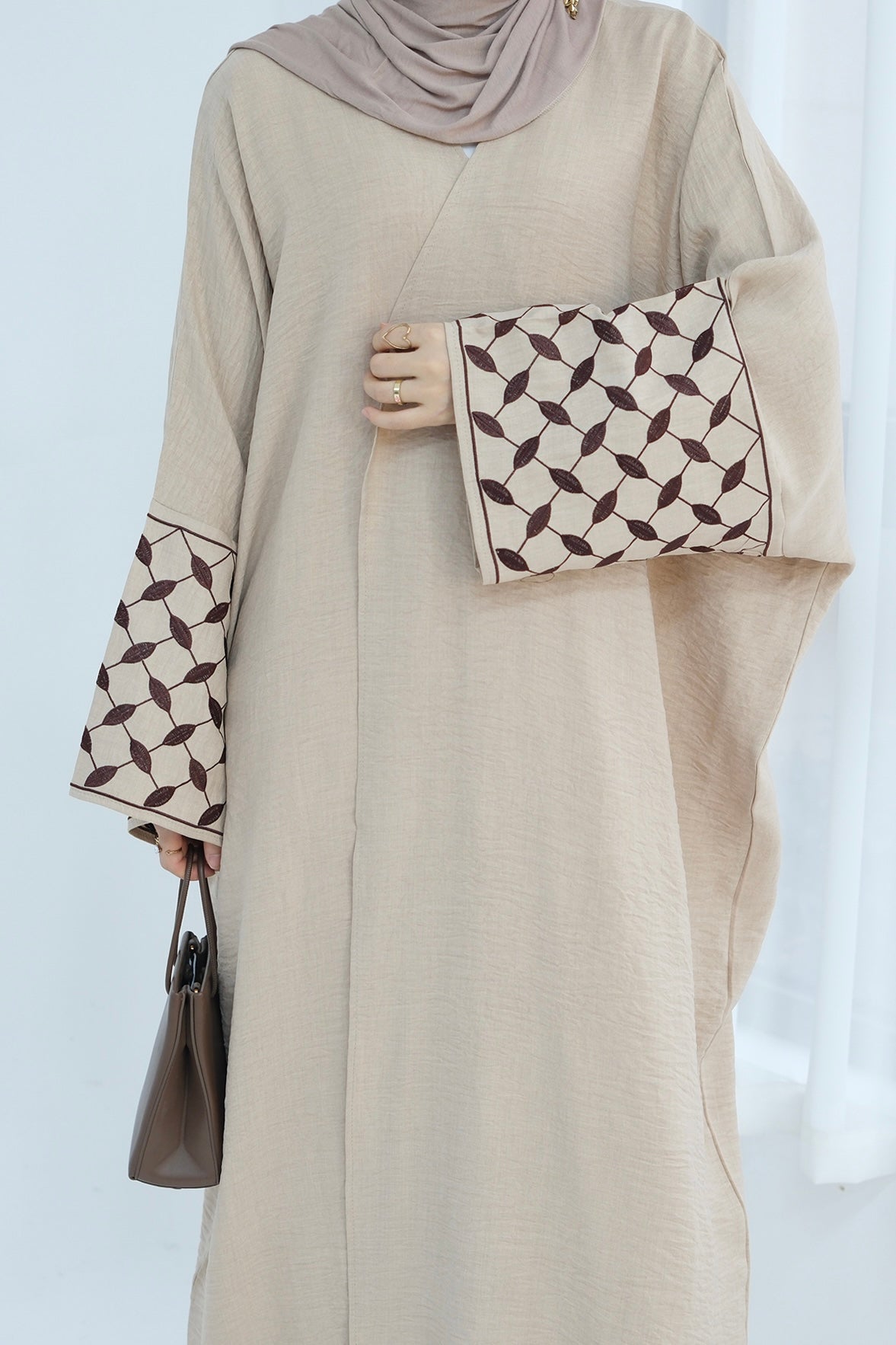 Alice Keffiyeh-Inspired Embroidery Open Abaya 837 - Beige