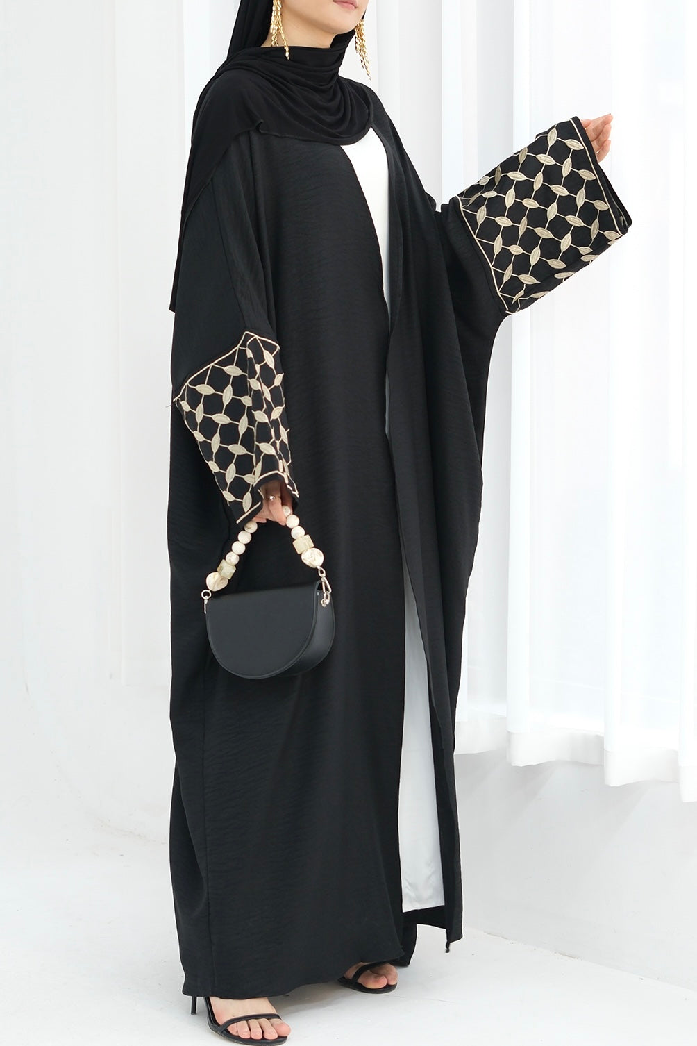 Alice Keffiyeh-Inspired Embroidery Open Abaya 837 -Black