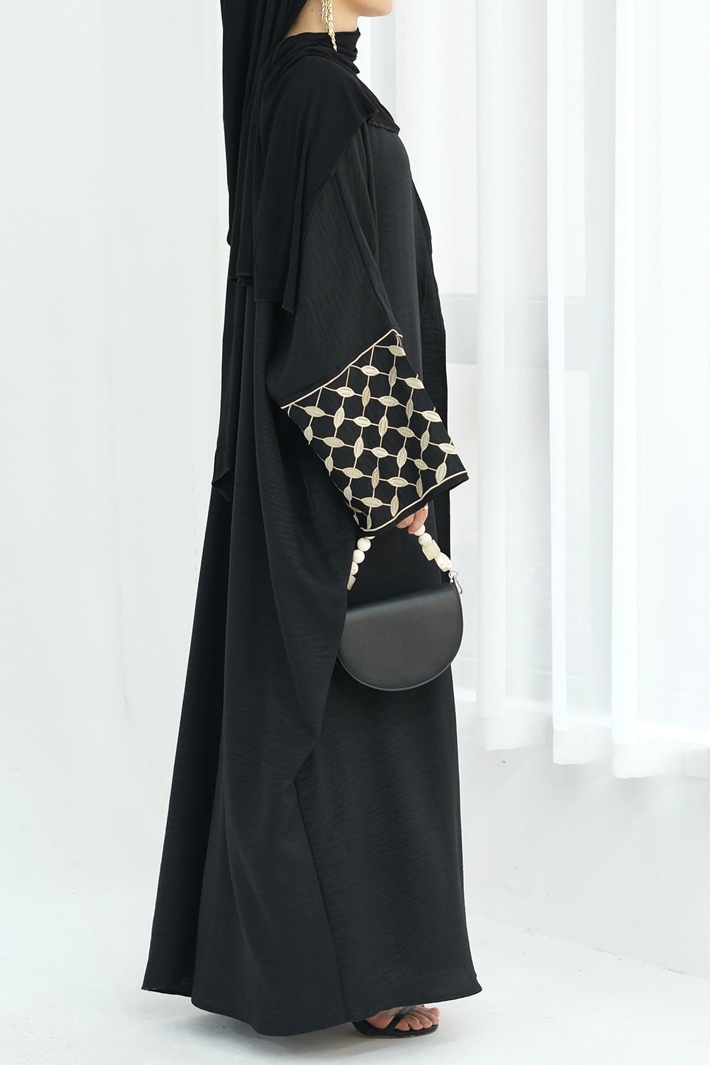 Alice Keffiyeh-Inspired Embroidery Open Abaya 837 -Black