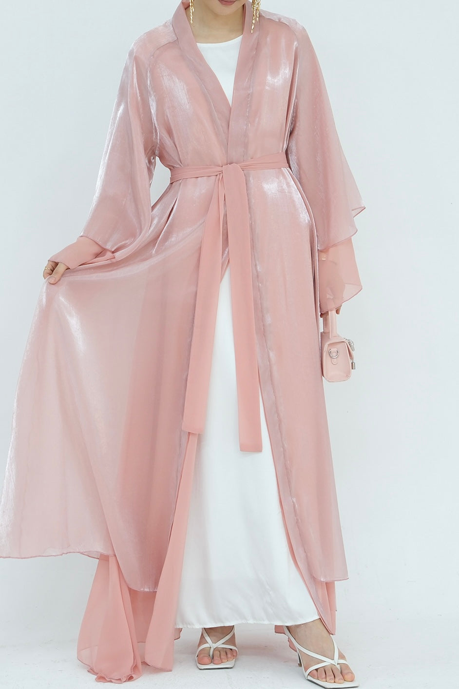 Camille Elegant Shimmering Overlay Open Abaya  839 - Pink