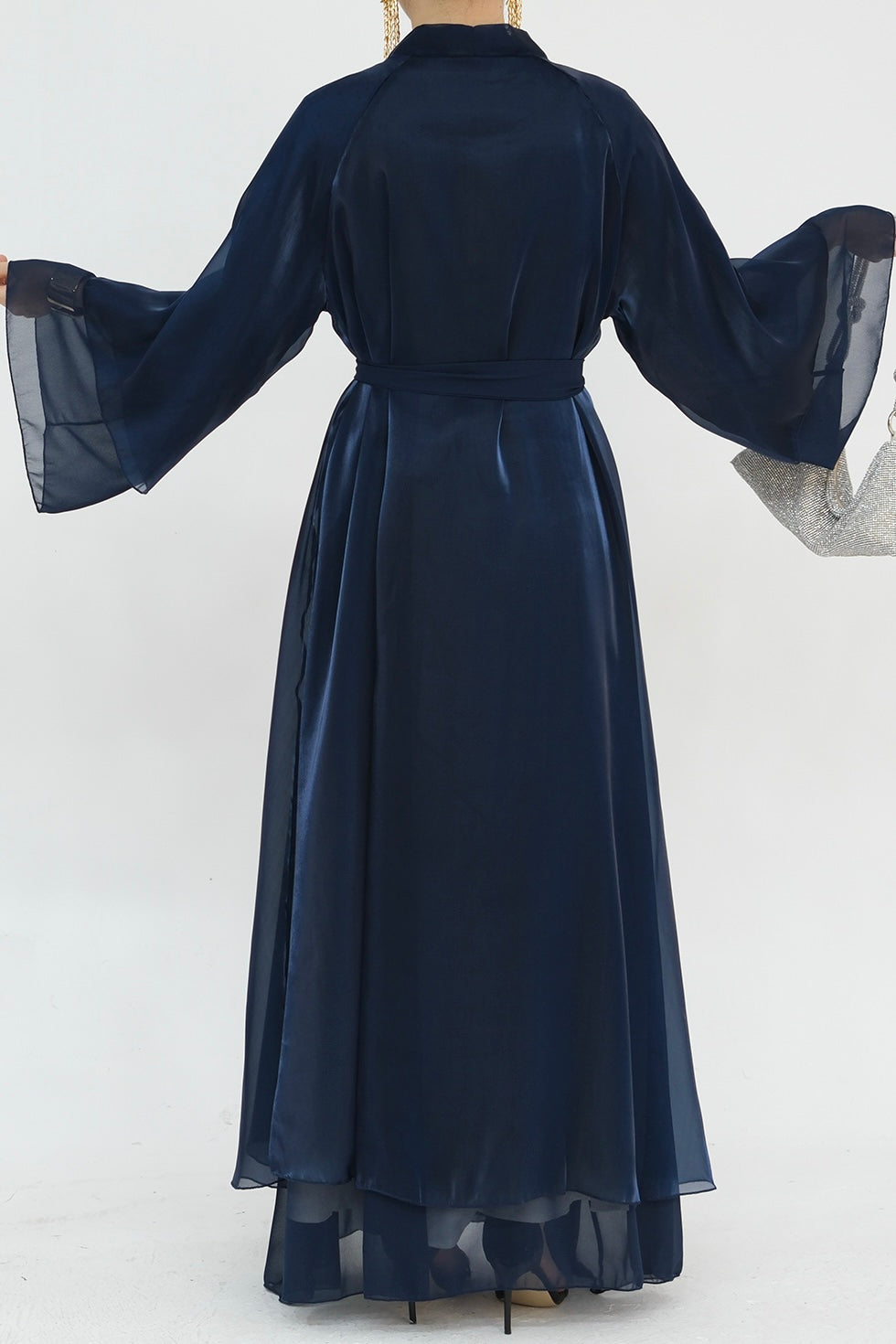 Camille Elegant Shimmering Overlay Open Abaya 839 - Navy Blue