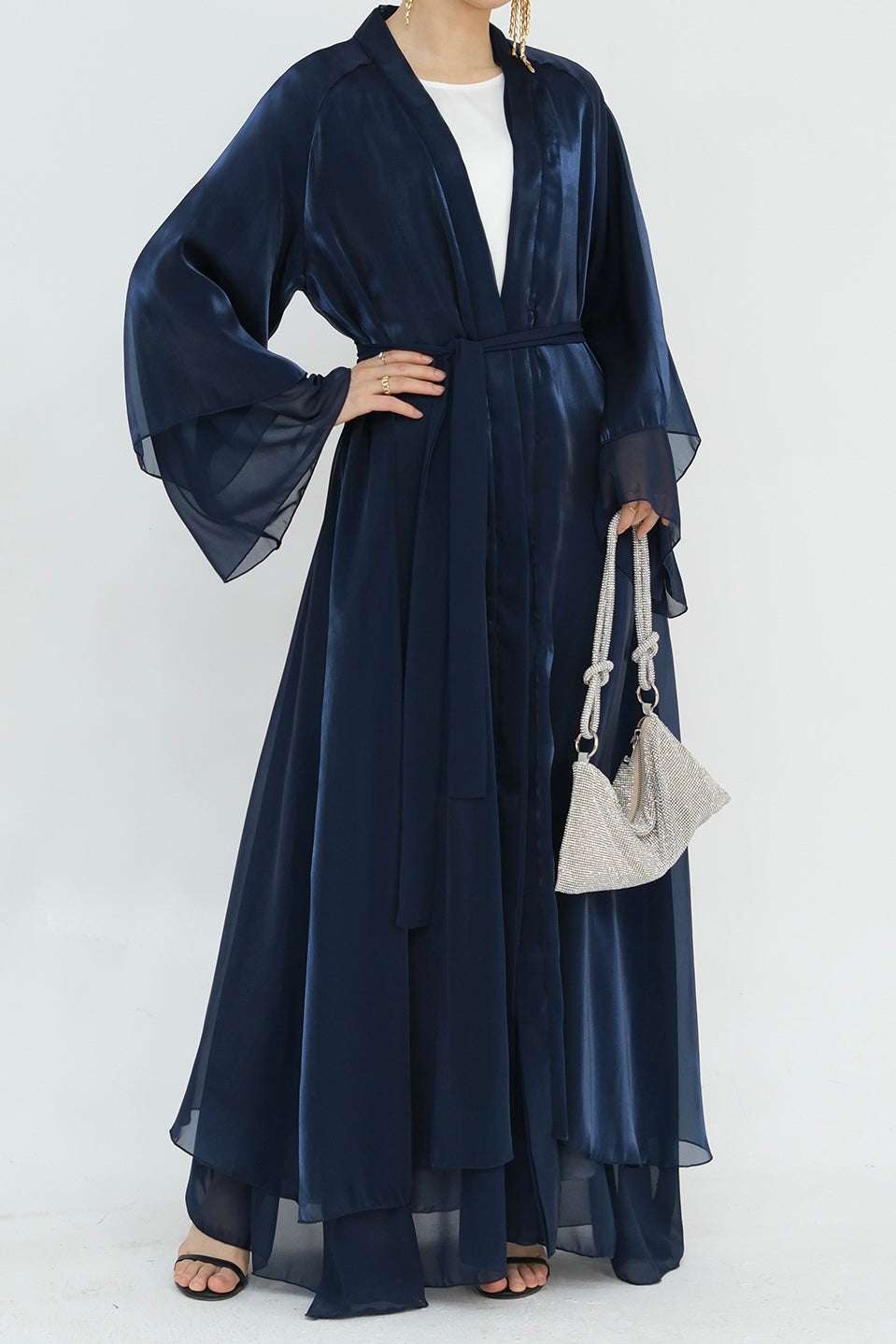 Camille Elegant Shimmering Overlay Open Abaya 839 - Navy Blue