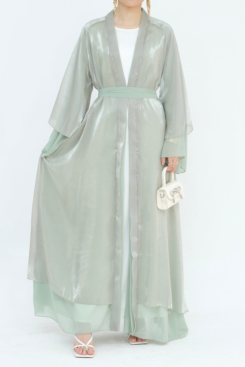 Camille Elegant Shimmering Overlay Open Abaya 839- Sage Green