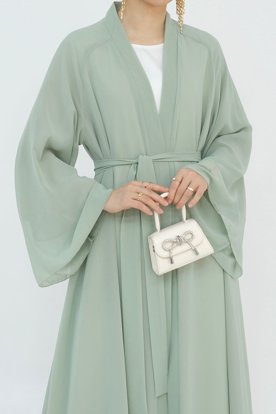 Camille Elegant Shimmering Overlay Open Abaya 839- Sage Green