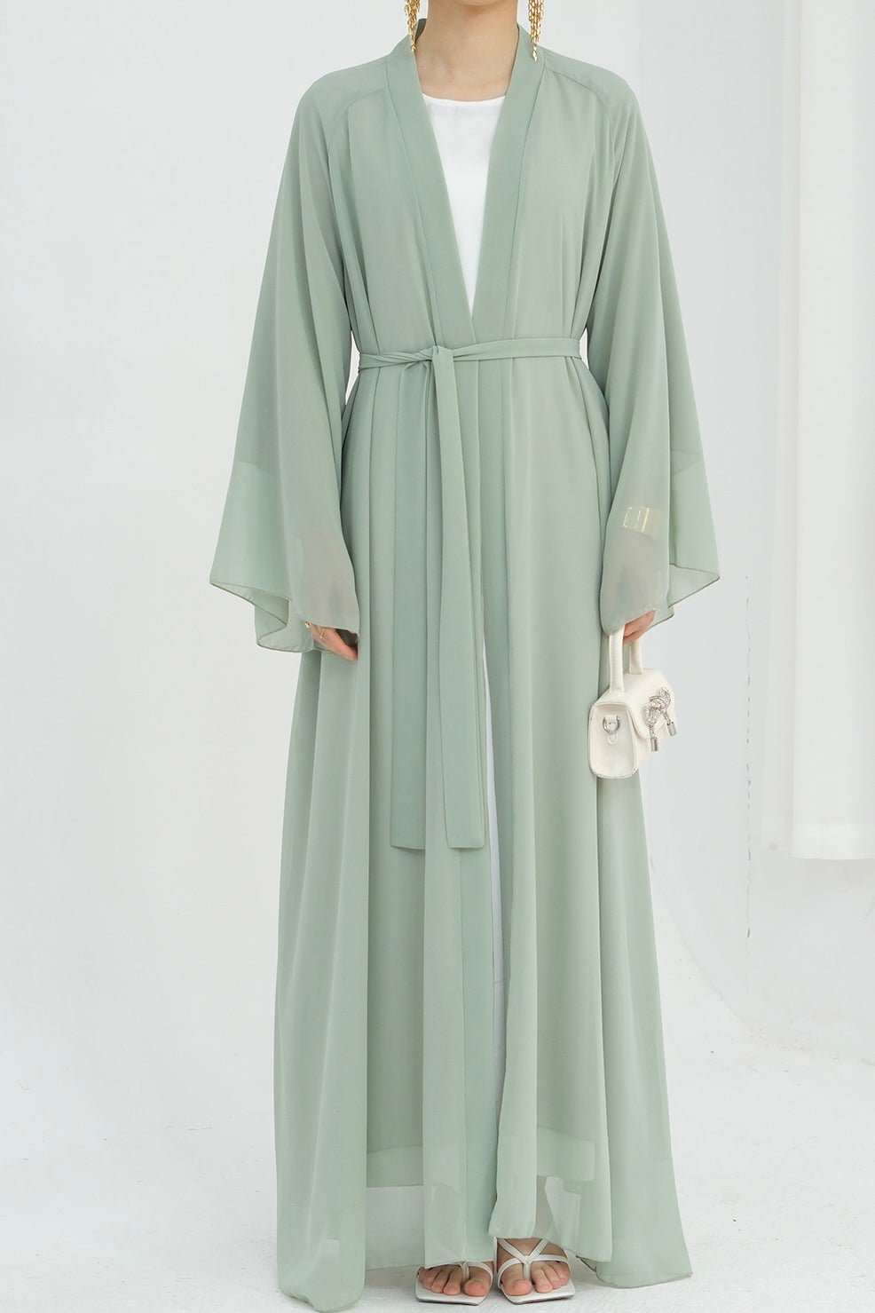 Camille Elegant Shimmering Overlay Open Abaya 839- Sage Green