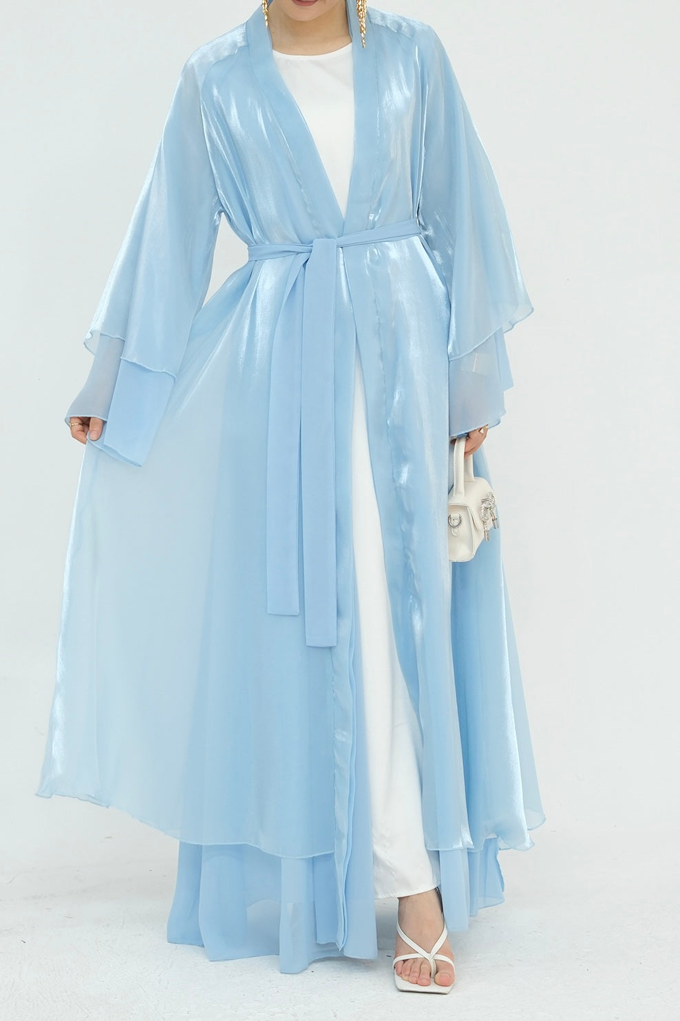 Camille Elegant Shimmering Overlay Open Abaya 839 - Light Blue