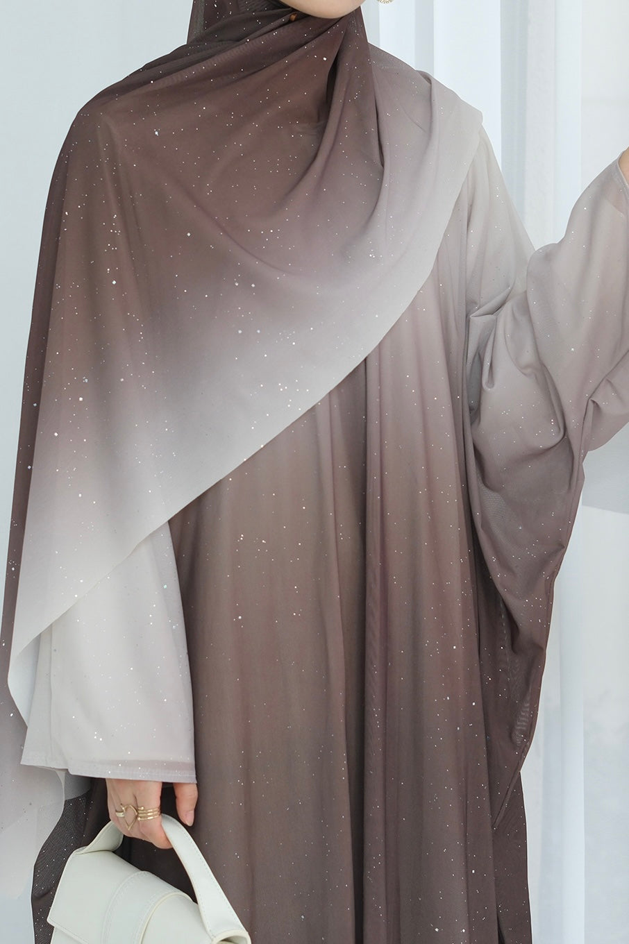 Rida Sparkling Gradient Open Abaya with hijab 840 – Coffee