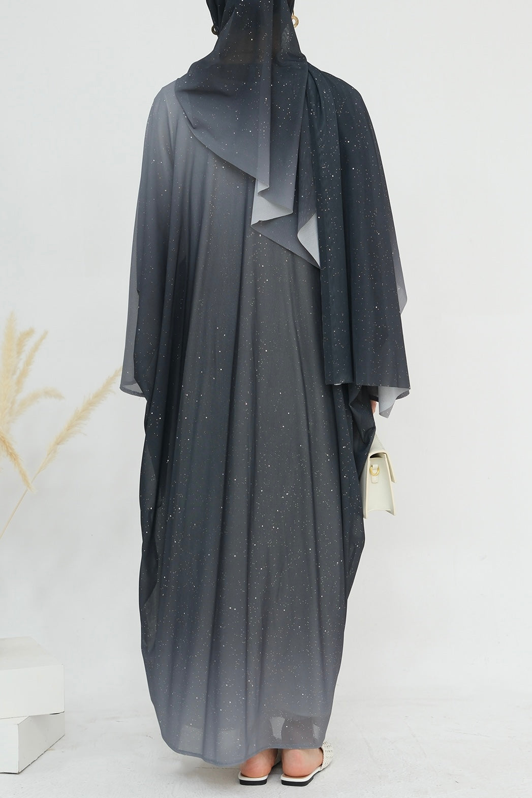 Rida Sparkling Gradient Open Abaya with hijab 840 – Black