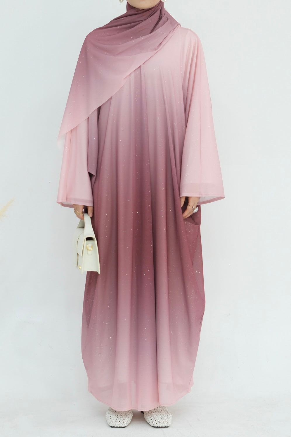 Rida Sparkling Gradient Open Abaya with hijab 840 – Pink