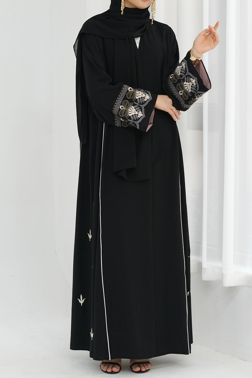 Anisa Intricate Embroidery Open Abaya 843 -Black