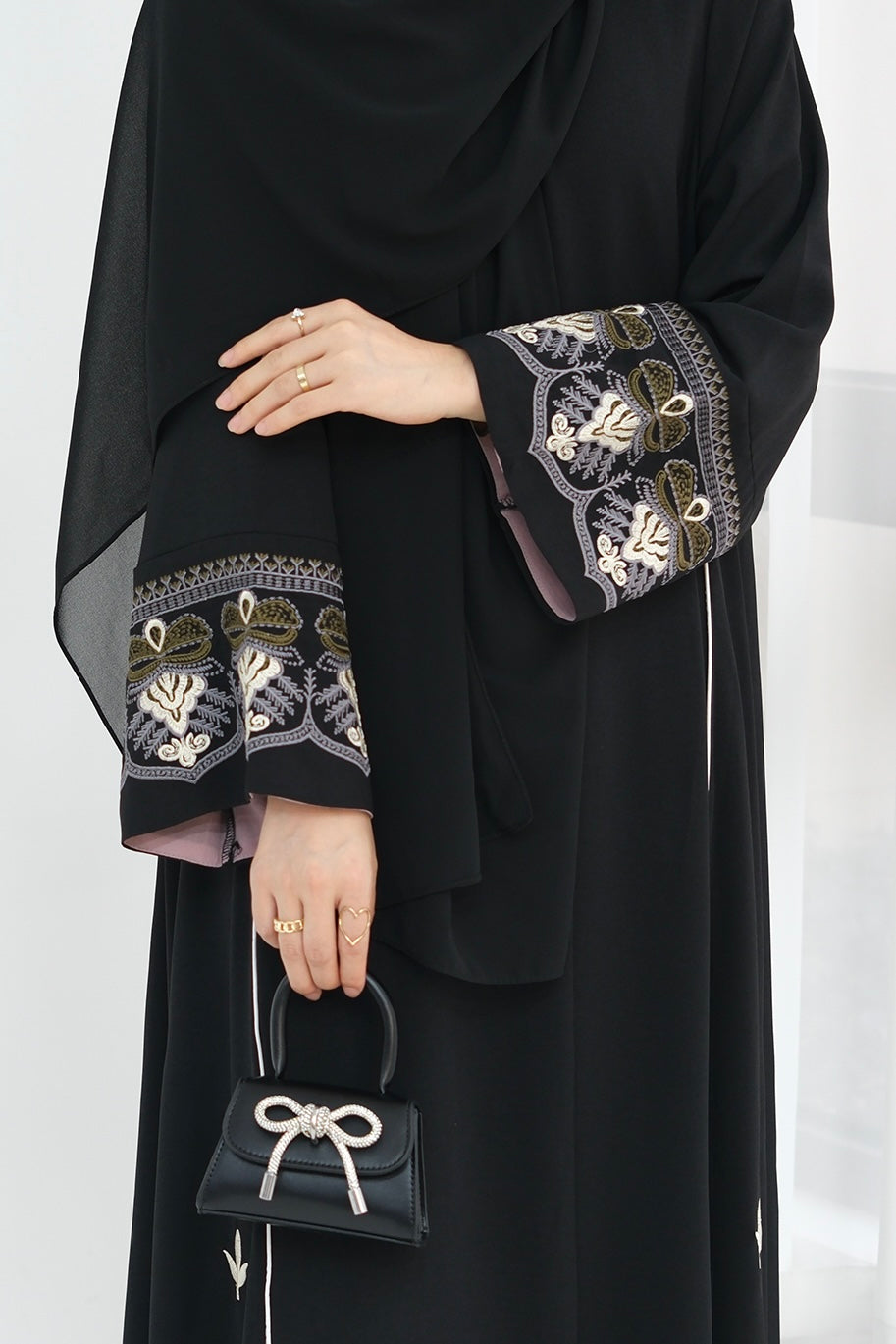 Anisa Intricate Embroidery Open Abaya 843 -Black