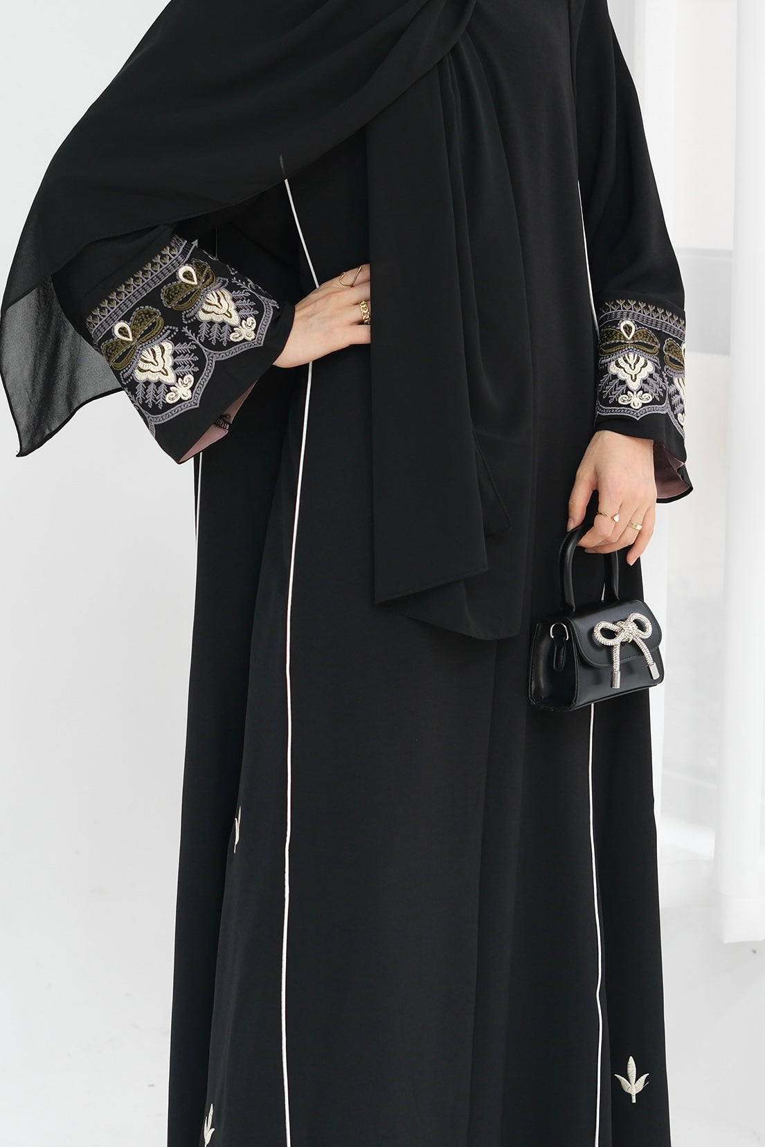 Anisa Intricate Embroidery Open Abaya 843 -Black